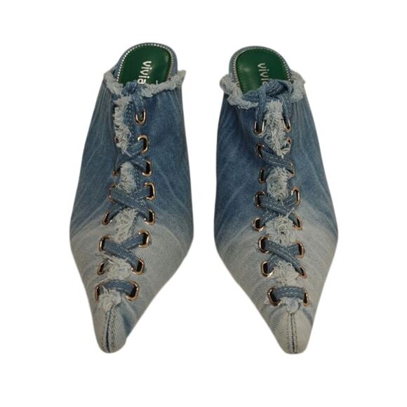 Denim Pointed toe tie back pumps sz 9 - Picture 2 of 8